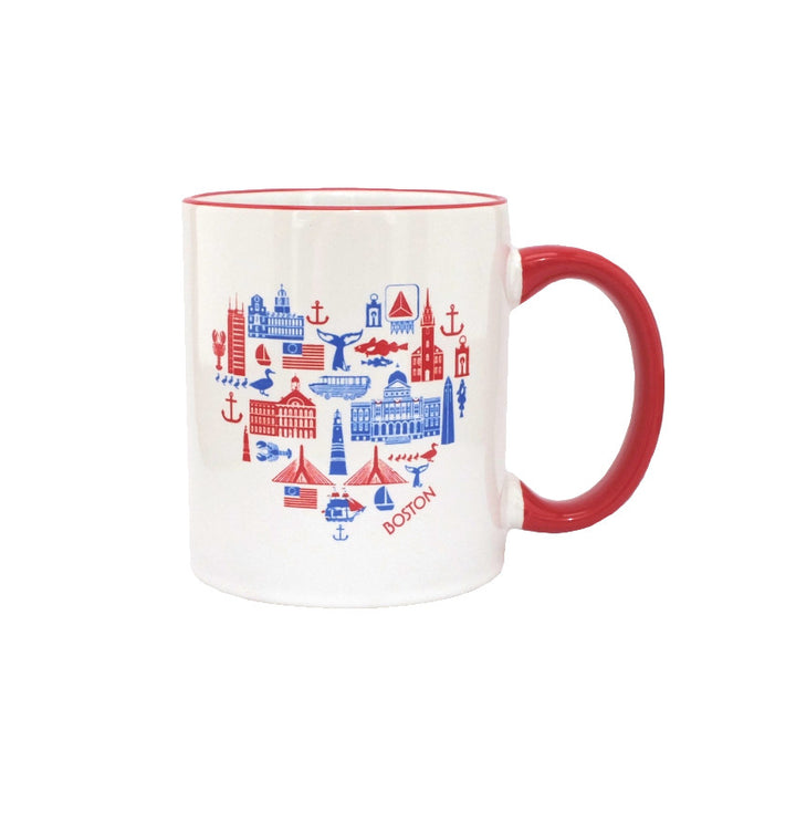 White coffee mug with red and blue heart-shaped icons of Boston graphic