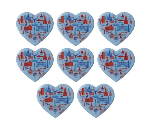 Eight count of Boston Icons heart-shaped magnets for event gift bag