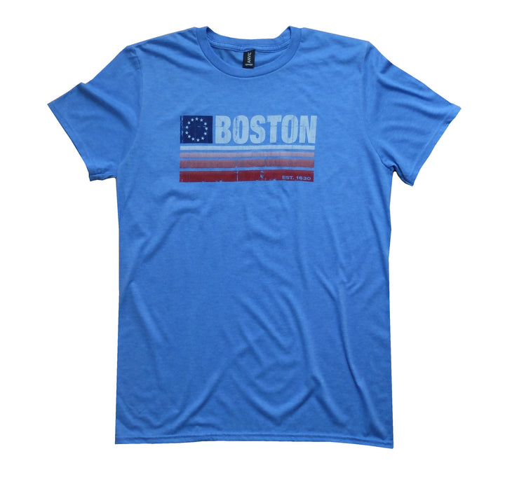 Adult Boston USA Flag T-Shirt - Heather Royal Blue