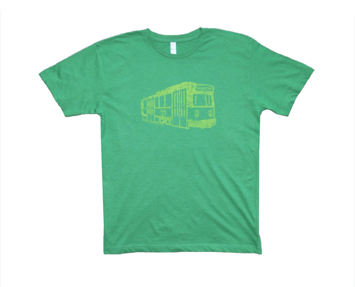 Adult MBTA Boston Green Line subway trolley t-shirt - lime on green