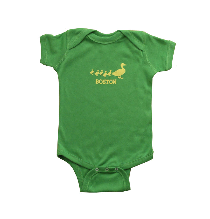 Apple green baby onesie with yellow Make Way for Ducklings Boston graphic