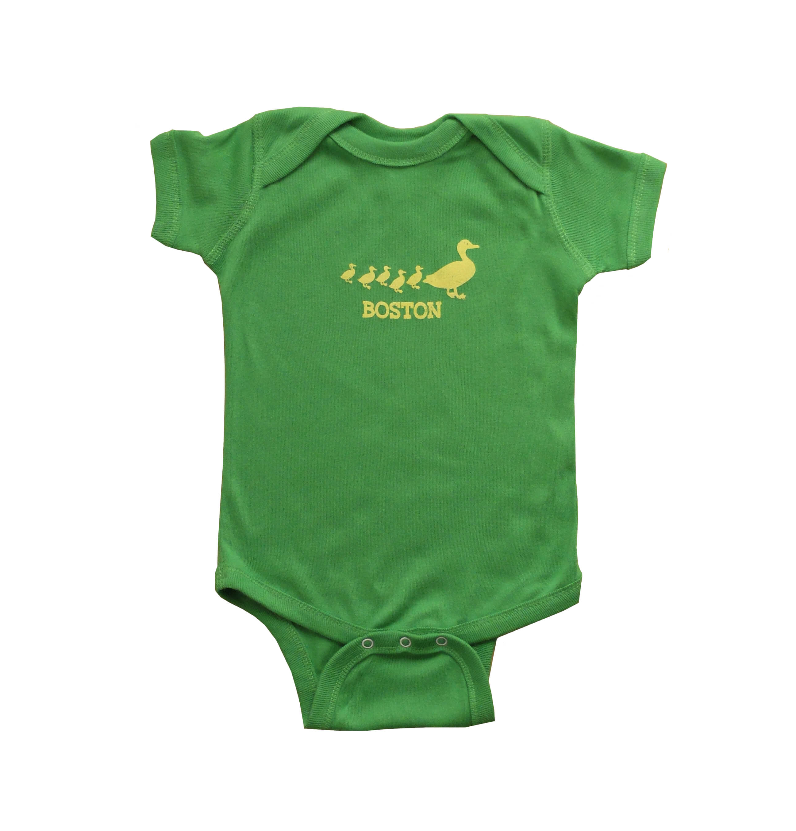 Apple green baby onesie with yellow Make Way for Ducklings Boston graphic