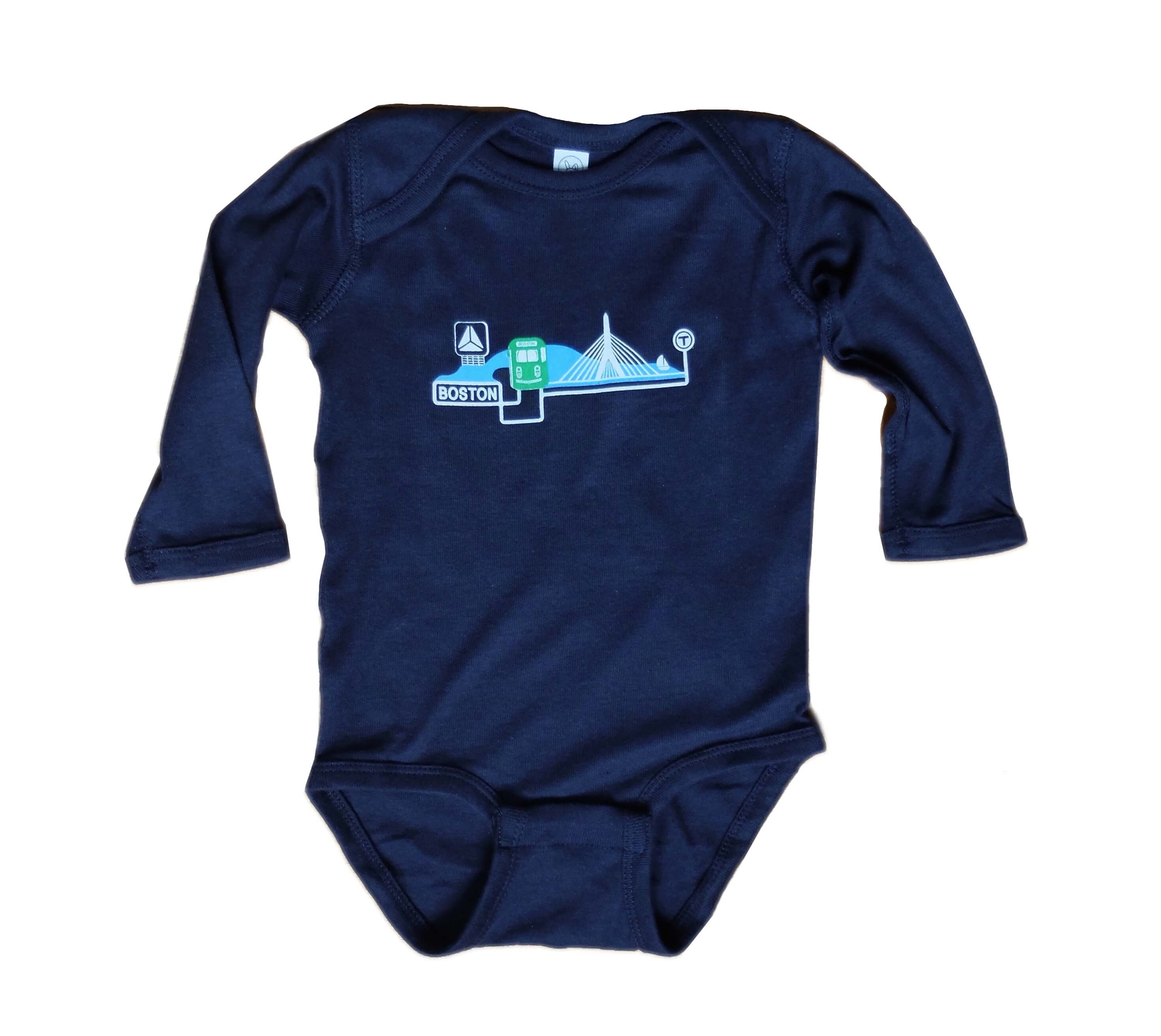 Green Line on the Charles Long Sleeve Onesie - Navy Blue