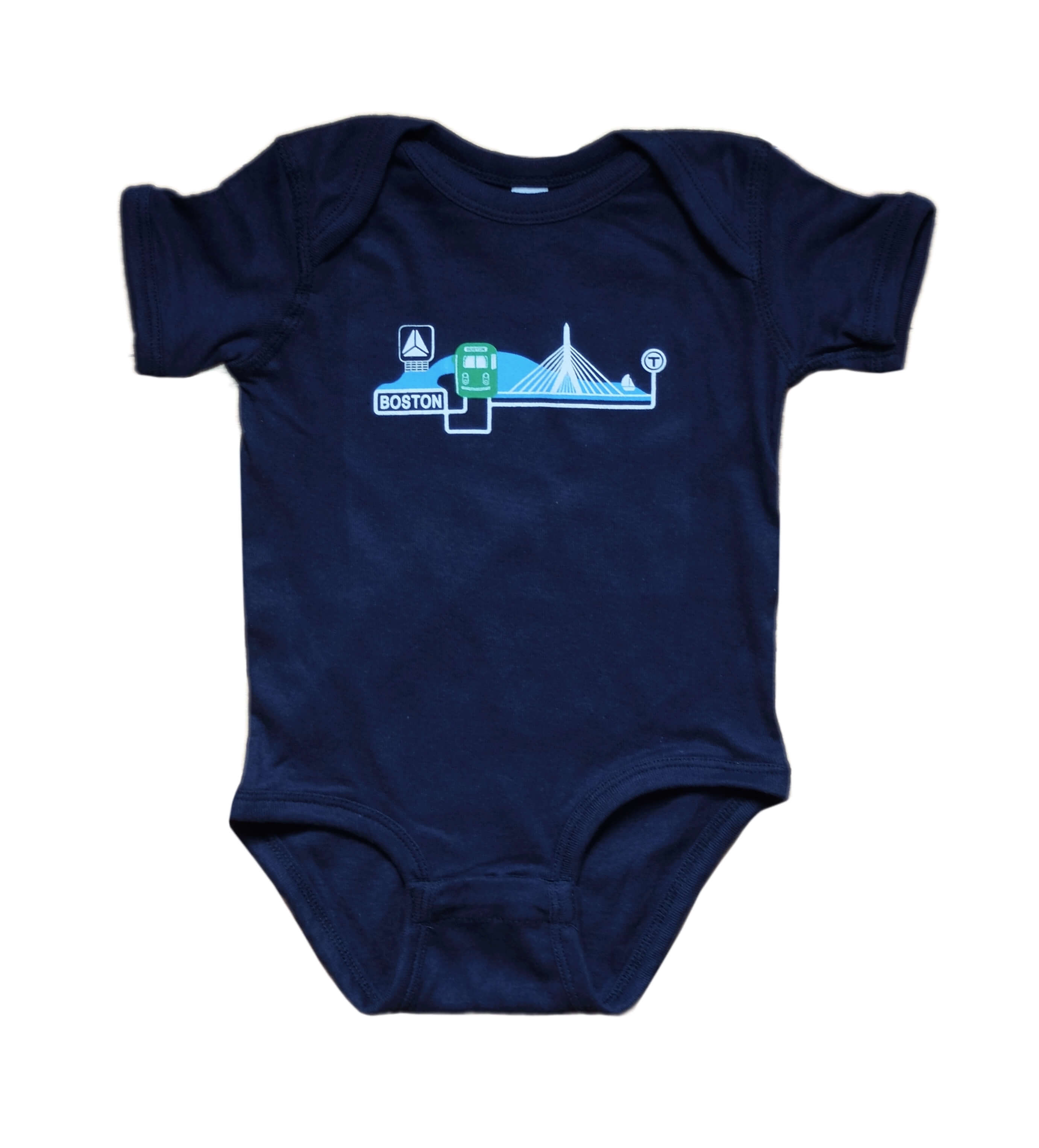 Green Line Trolley on Charles River Navy Blue Onesie Bodysuit