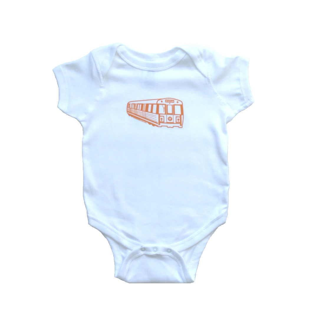 White baby onesie with orange Boston MBTA Orange Line Subway Train graphic