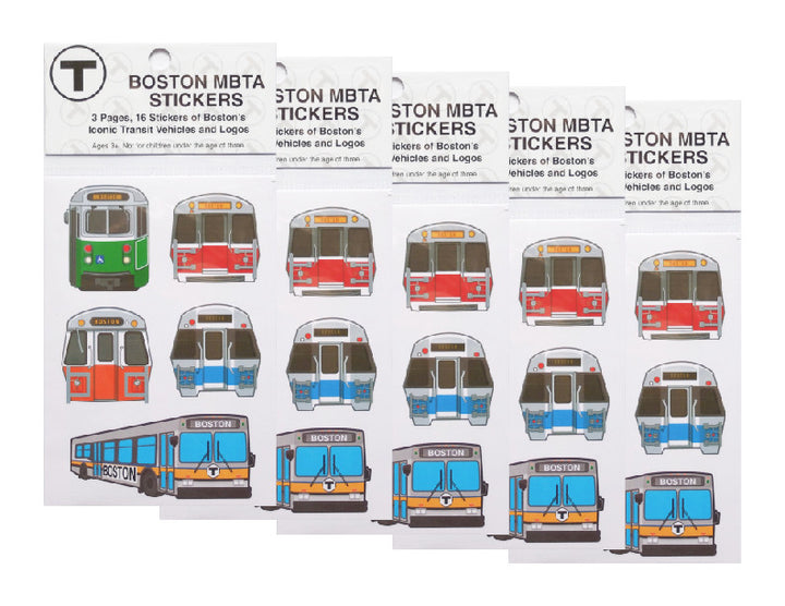 Five count of 3-page Boston MBTA Sticker Packs