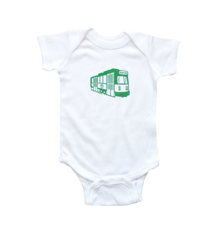 White baby onesie with green MBTA Green Line subway trolley graphic