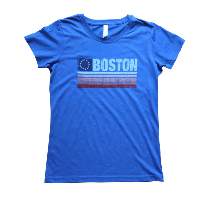 Women's Boston USA Flag Tee - Heather Royal Blue
