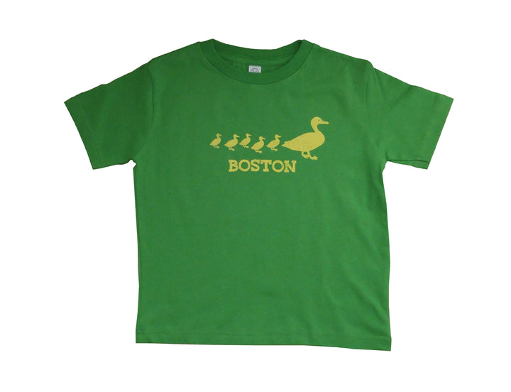 toddler apple green t-shirt with yellow Make Way for Ducklings Boston graphic