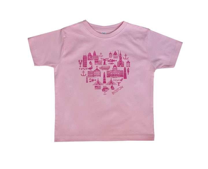 pink long sleeve toddler t-shirt with heart-shaped icons of Boston dark pink graphic