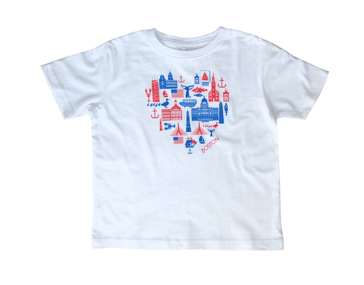 white toddler t-shirt with red and blue heart-shaped icons of Boston graphic