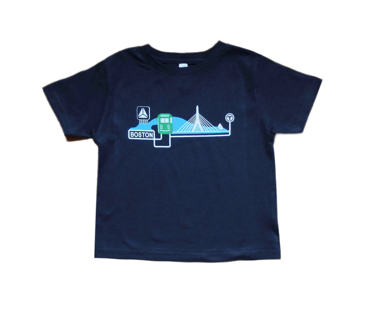 Green Line Trolley on Charles River navy blue t-shirt for toddler children
