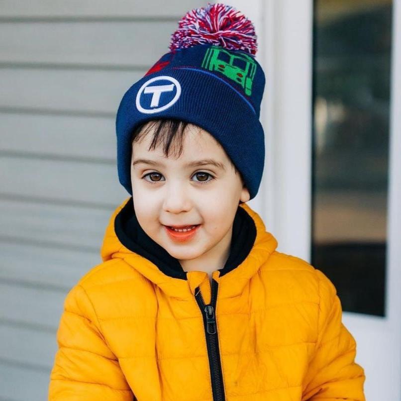 Boy wearing MBTA Boston Trains Winter Hat