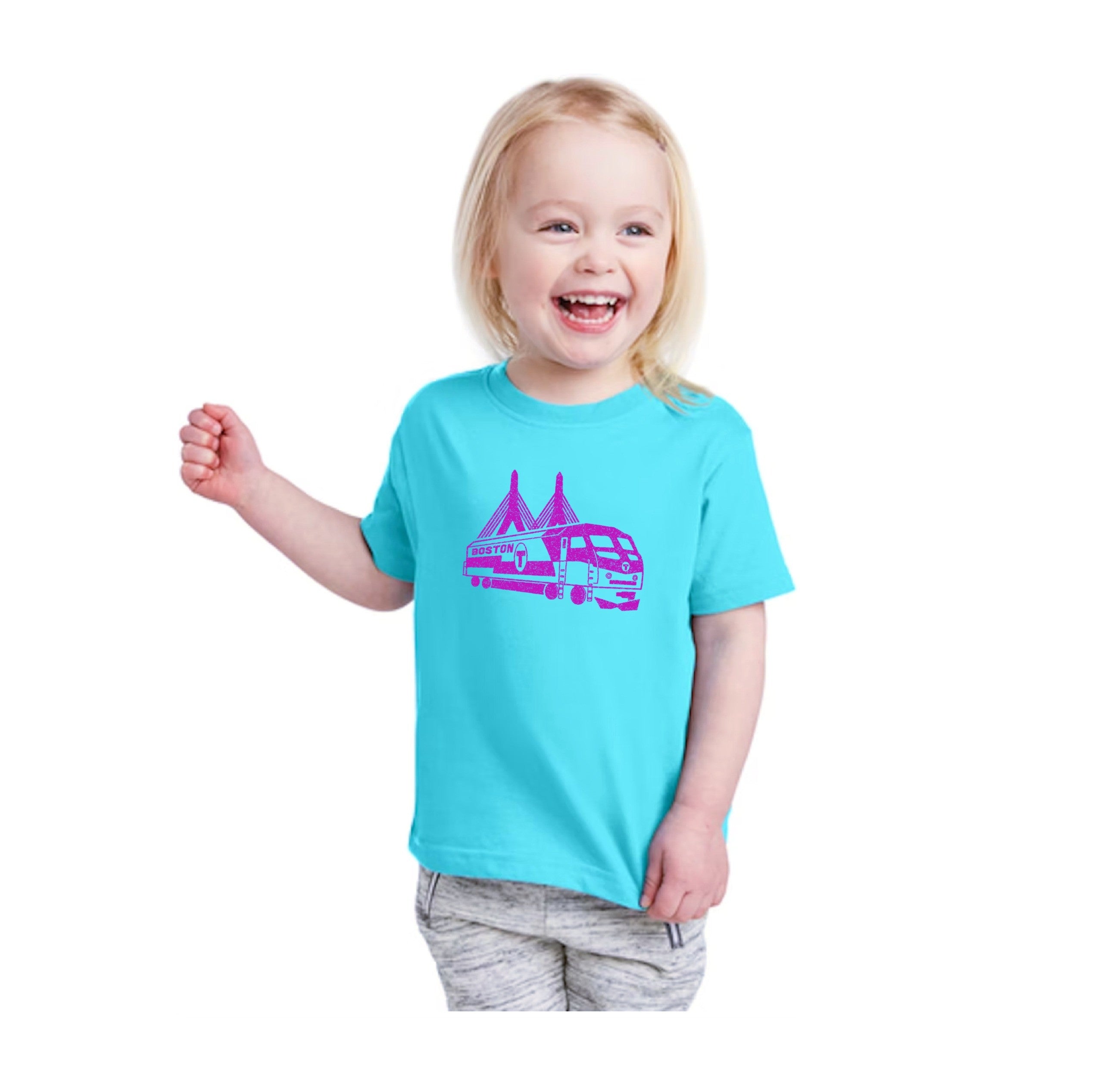 Kids bright blue Boston Purple Line Zakim Bridge t-shirt